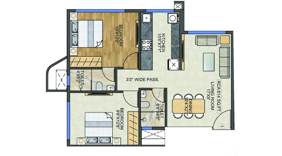 Modis-Rashmi-Signature-Floor-Plan-GH1-2 BHK-614 Sqft